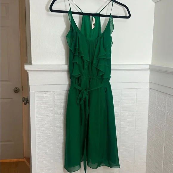 Rebecca Taylor Deep Green 100% Silk Ruffle Mini Dress size 0 - Picture 2 of 8